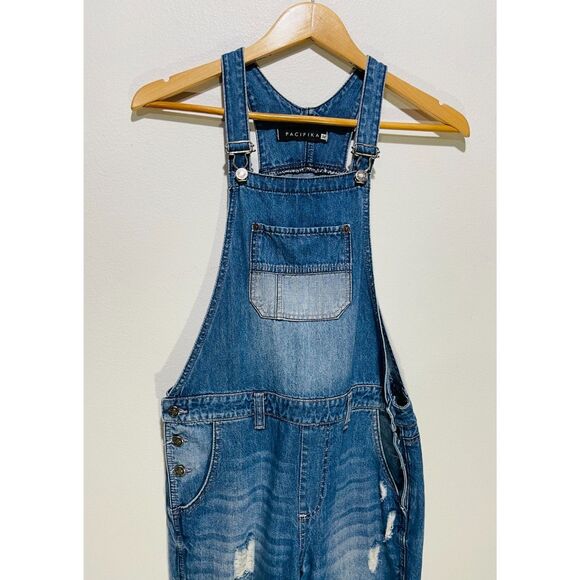 PacifiKa denim overalls romper jeans button fly pockets patched blue women's M - Picture 3 of 8